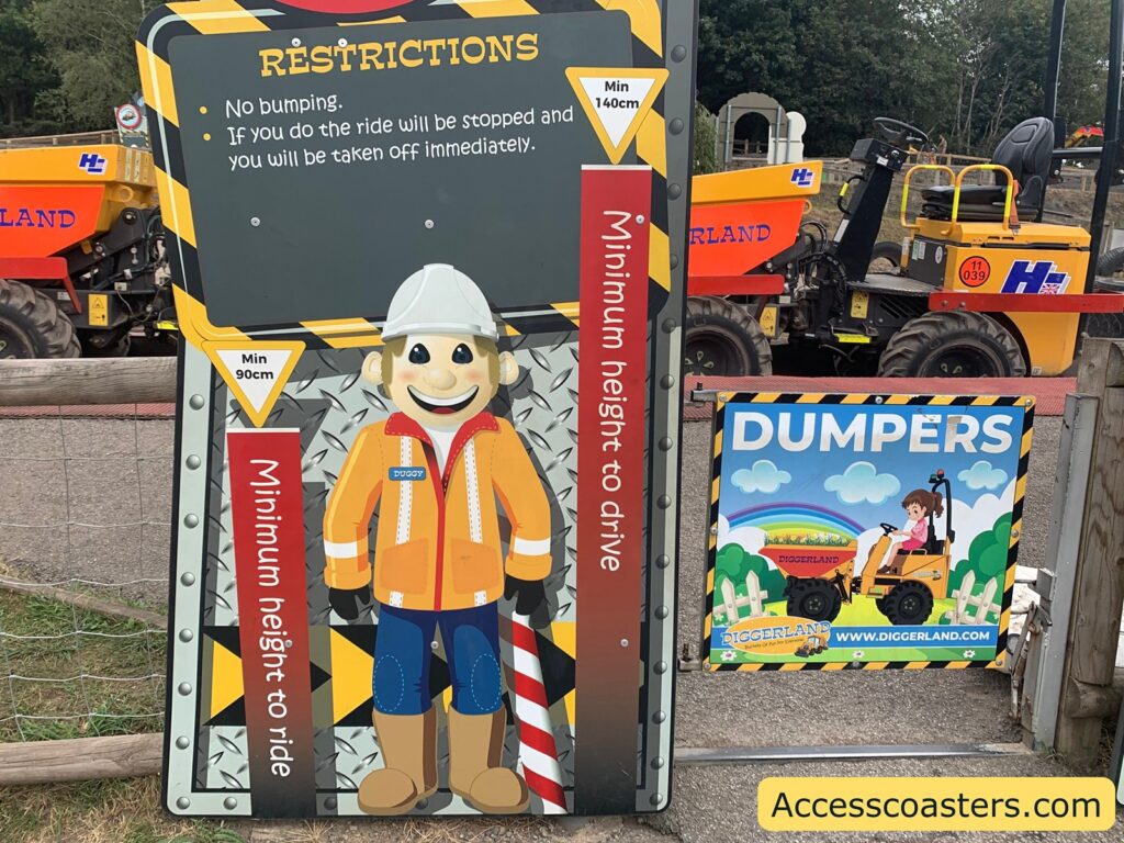Dumper ride safety and height restriction sign. sign reads RESTRICTIONS - No bumping. - If you do the ride will be stopped and you will be taken off immediately. Min 90cm Minimum height to ride Min 140cm Minimum height to drive