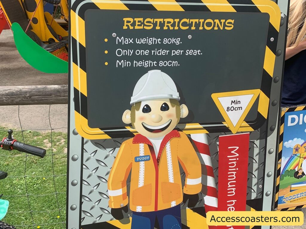 Illustrated sign with safety restrictions for a ride. The sign features a cartoon construction worker character wearing an orange jacket and a white safety helmet. A name tag on the jacket says "DUGGY." The text on the sign reads:
RESTRICTIONS
• Max weight 80kg.
• Only one rider per seat.
• Min height 80cm.
There is also a yellow triangle with "Min 80cm" written inside it,