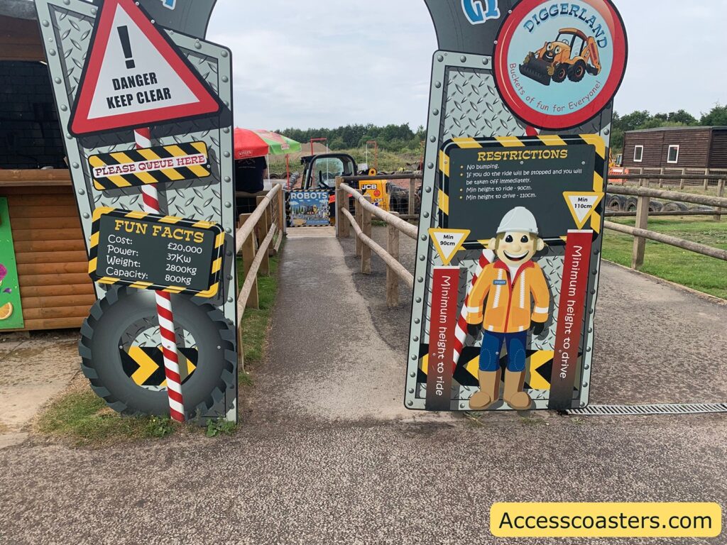 Entrance gate to robot diggers a big sign around the entrance reading Left Sign:
- Large red and white sign at the top:
DANGER KEEP CLEAR
- Yellow and black text on the left:
PLEASE QUEUE HERE
- "FUN FACTS":
Cost: £20,000
Power: 37Kw
Weight: 2800kg
Capacity: 800kg
Right Sign:
- Top circle:
DIGGERLAND
Buckets of fun for Everyone!
- "RESTRICTIONS":
No bumping.
If you do the ride will be stopped and you will be sent off immediately.
Min height to ride - 90cm.
Min height to drive - 110cm.
- Yellow triangles say:
Min 90cm
Min 110cm
- Down the right and left sides in red:
Minimum height to ride
Minimum height to drive