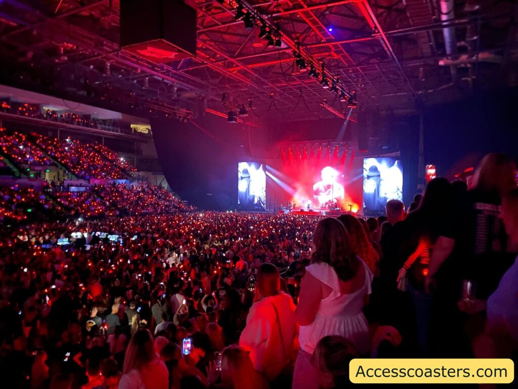 The arena is filled with a large, standing crowd, all facing the brightly lit stage at the far end of the venue. The stage is illuminated with red and purple lights, and large video screens flank both sides, displaying images of the performers.