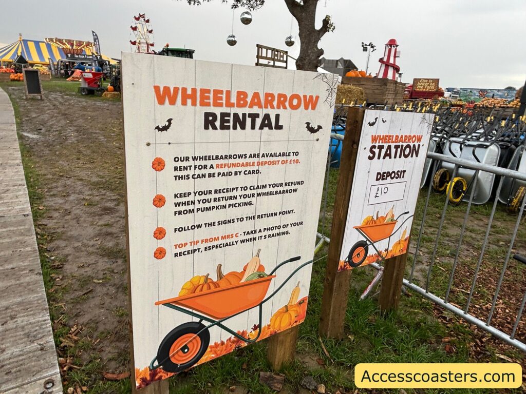 Wheelbarrow rental sign showing the £10 refundable deposit and instructions.