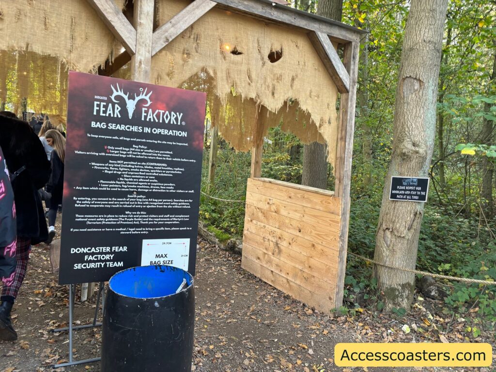 nformation sign for Fear Factory bag searches 