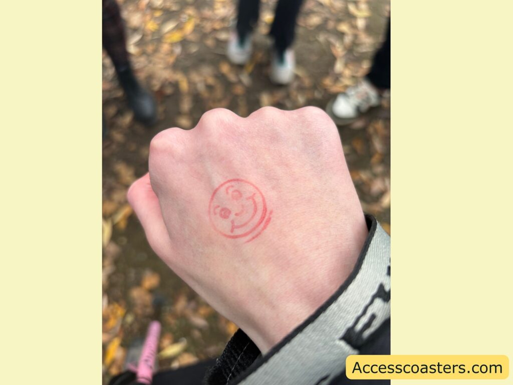  Close-up of a person's hand with a red smiley face stamp, issued for entry to the event.
