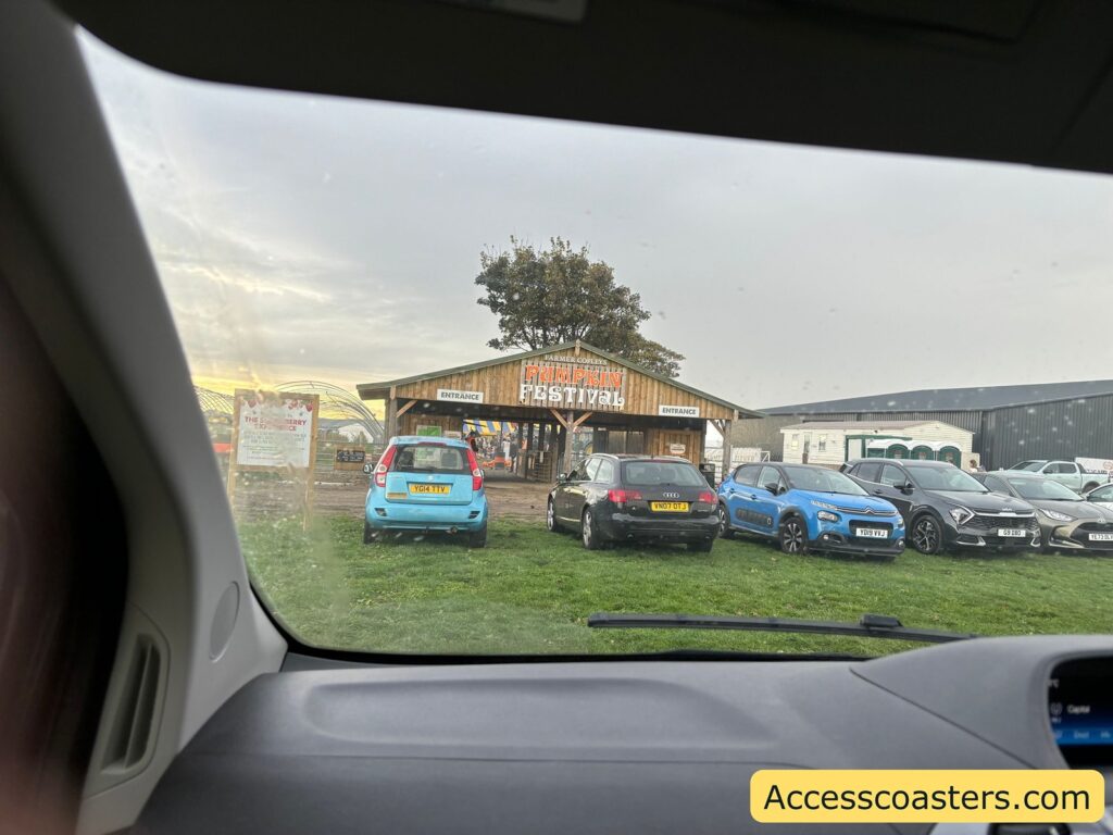iew from inside a car window looking out at the blue badge parking area.