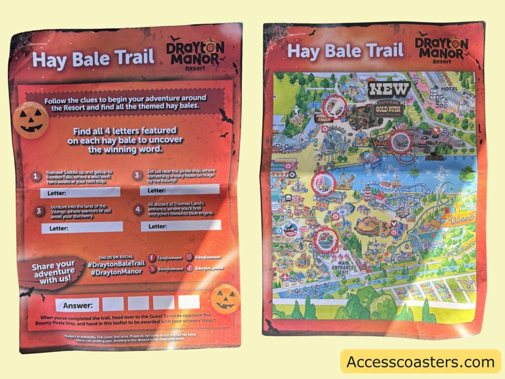 Two sheets from the Hay Bale Trail; the left has spaces to write letters for a mystery word and instructions, the right displays a colorful park map with locations marked.