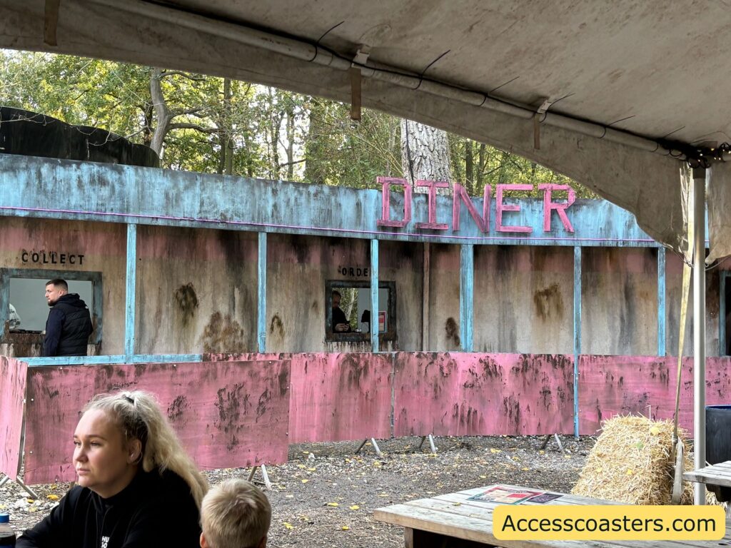 A photo of the Connecticut Diner outdoor food outlet with a weathered, blue and pink facade and a large bright pink “DINER” sign on the roof. 
