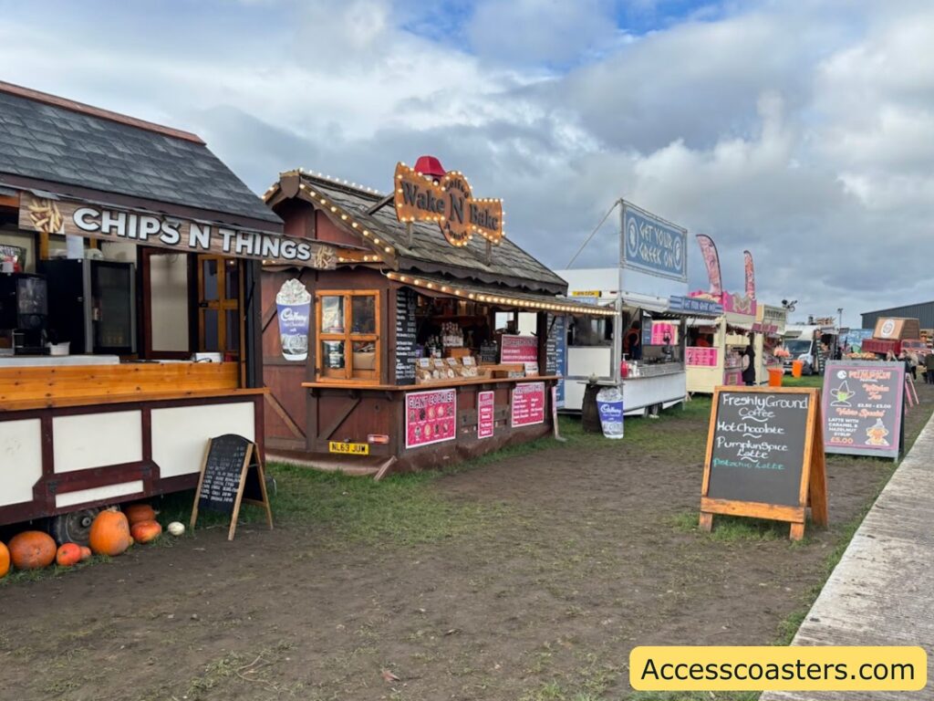 A festive food stall labeled “Chips N Things” offering hot food and drinks