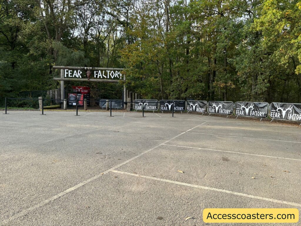 Empty car park at the entrance to Doncaster Fear Factory, with a large event sign visible in the background.