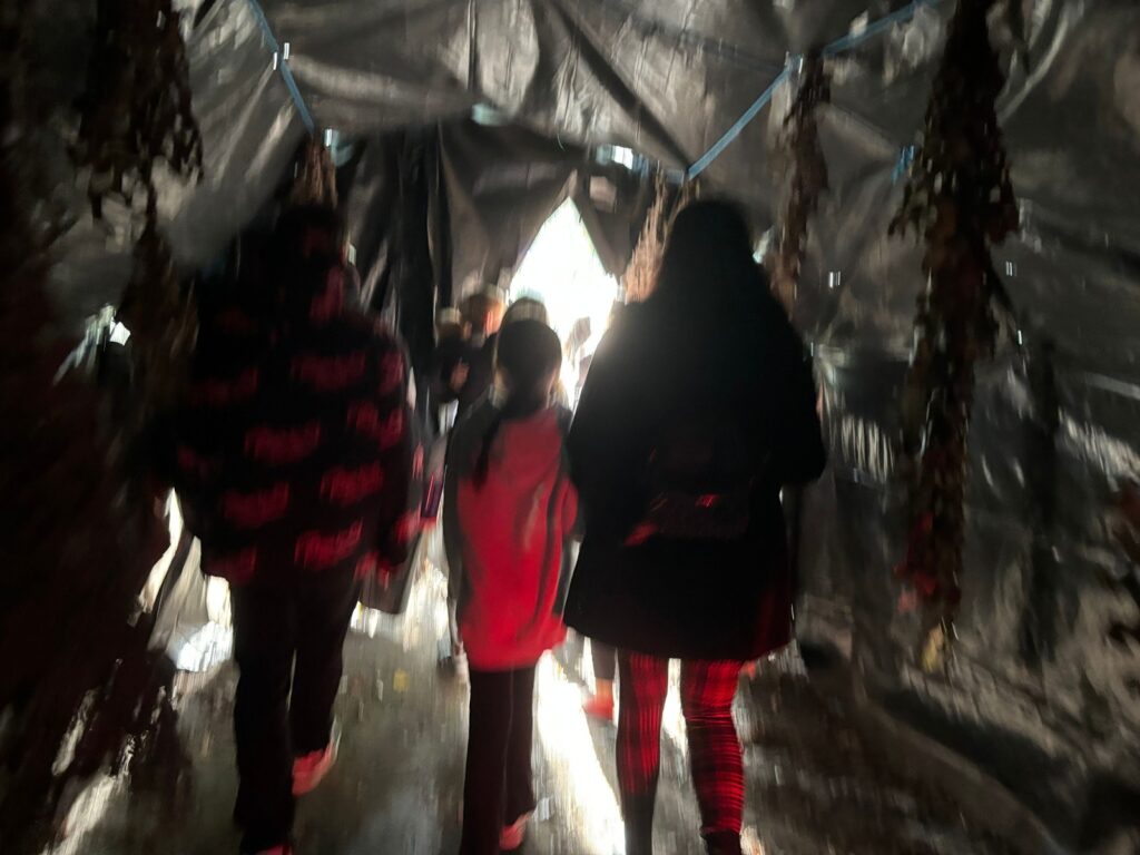 people walking through a dimly lit tunnel inside the maze, with dark plastic sheets creating a narrow, shadowy passage.
