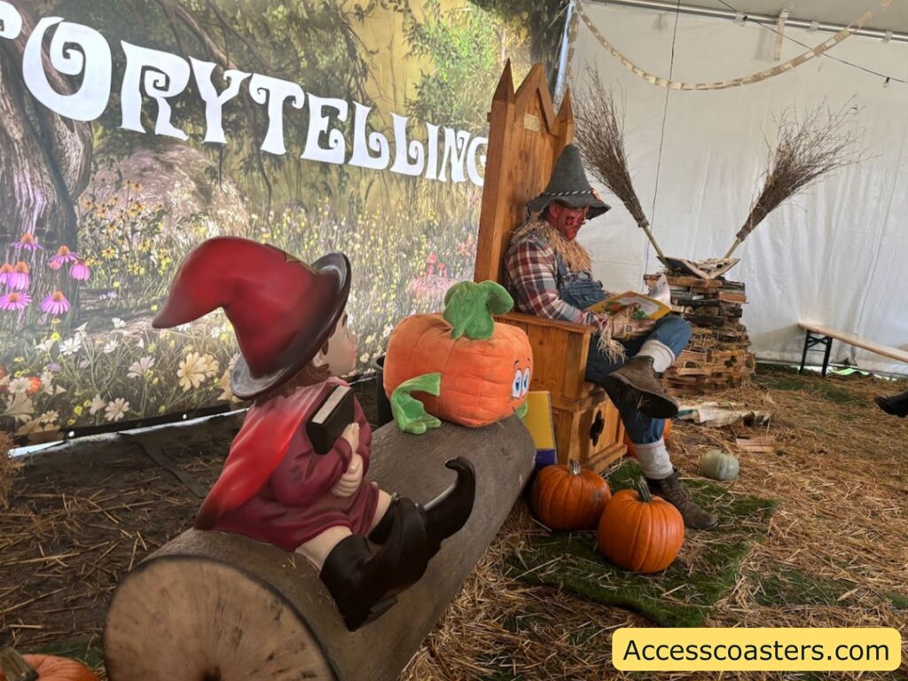 person dressed as a scarcrow sat in the storyteller chair reading the story