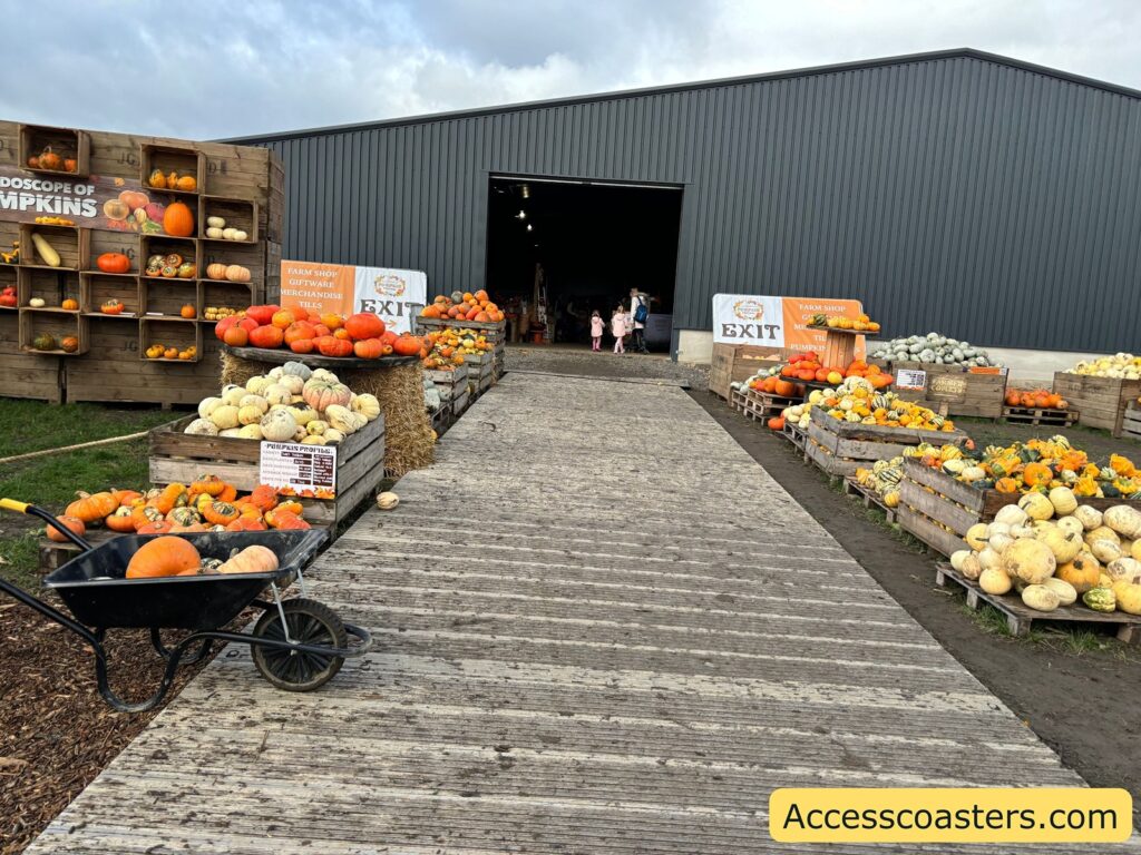 The exterior of a large barn with displays of pumpkins, gourds, hay bales, and autumn decor lining a walkway.