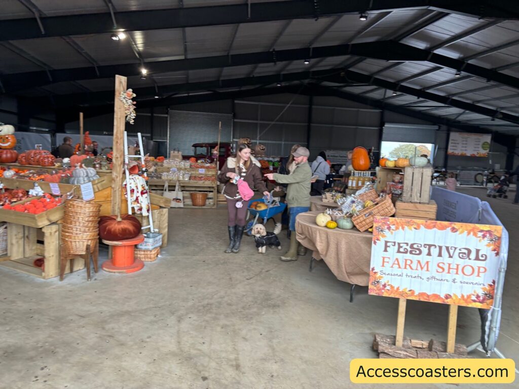 interior view of tables covered in pumpkins, baskets, and farm shop gifts.