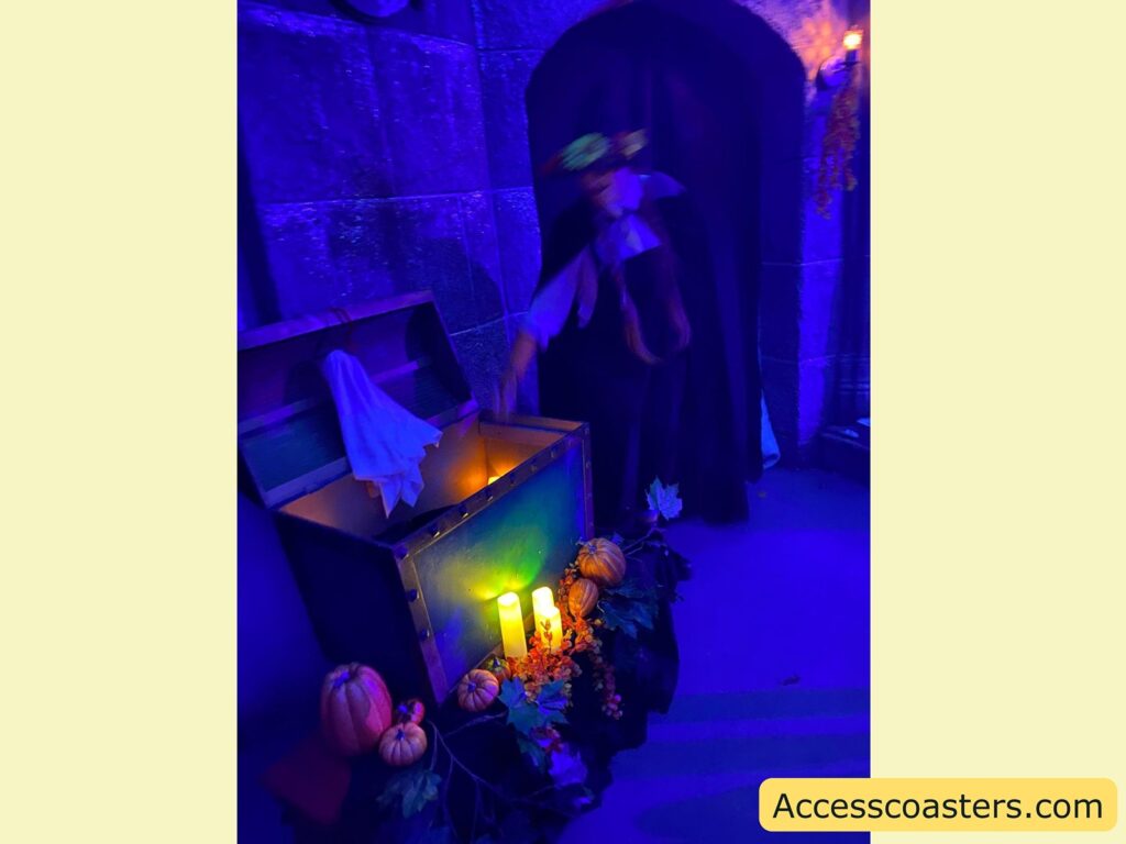 A witch-themed display with glowing candles, potion bottles, and magical decorations set against a dark, mystical backdrop.
