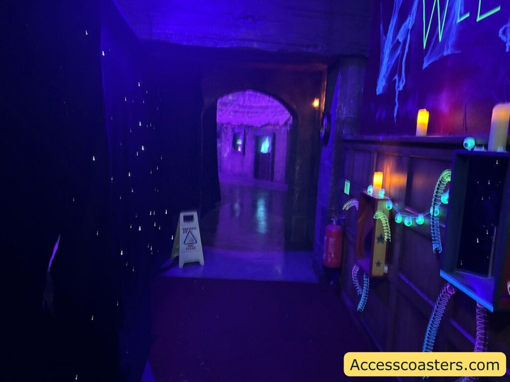 interior shot of the castle, with dim lighting, Halloween decor