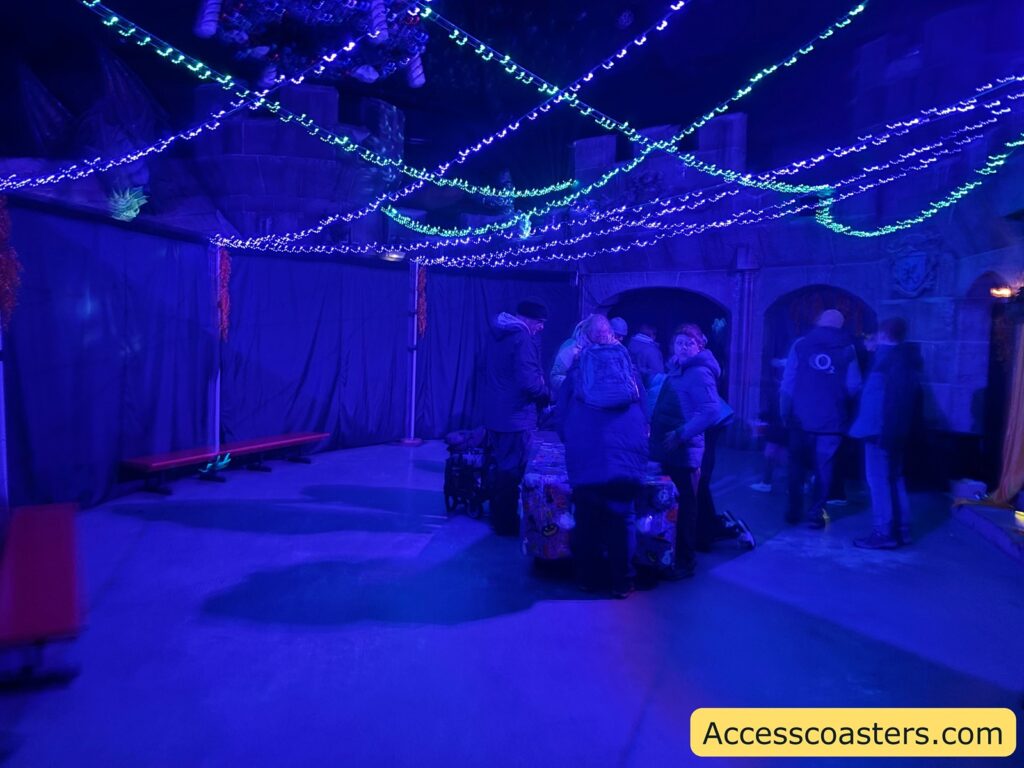 A group of people inside a darkly lit room decorated with magical string lights