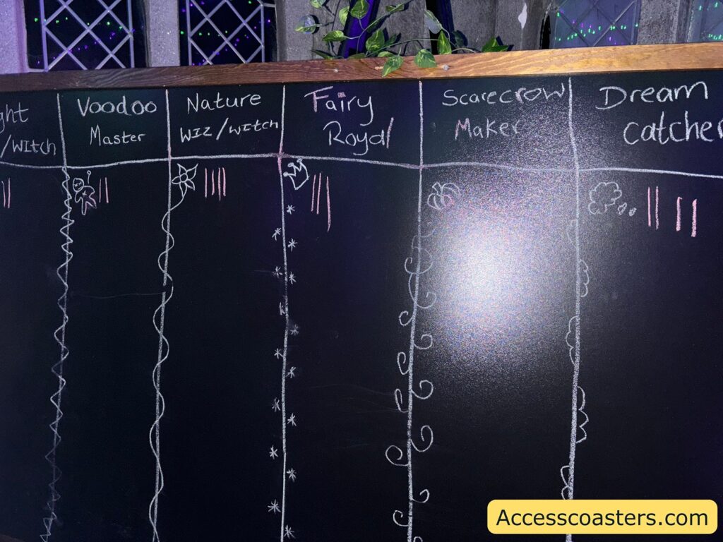 A chalkboard showing tally marks under different wand names such as “Witchy,” “Voodoo Master,” “Nature,” “Fairy Royal,” “Sorcerer Maker,” and “Dream Catcher” for visitors to vote for their favorite wand style.