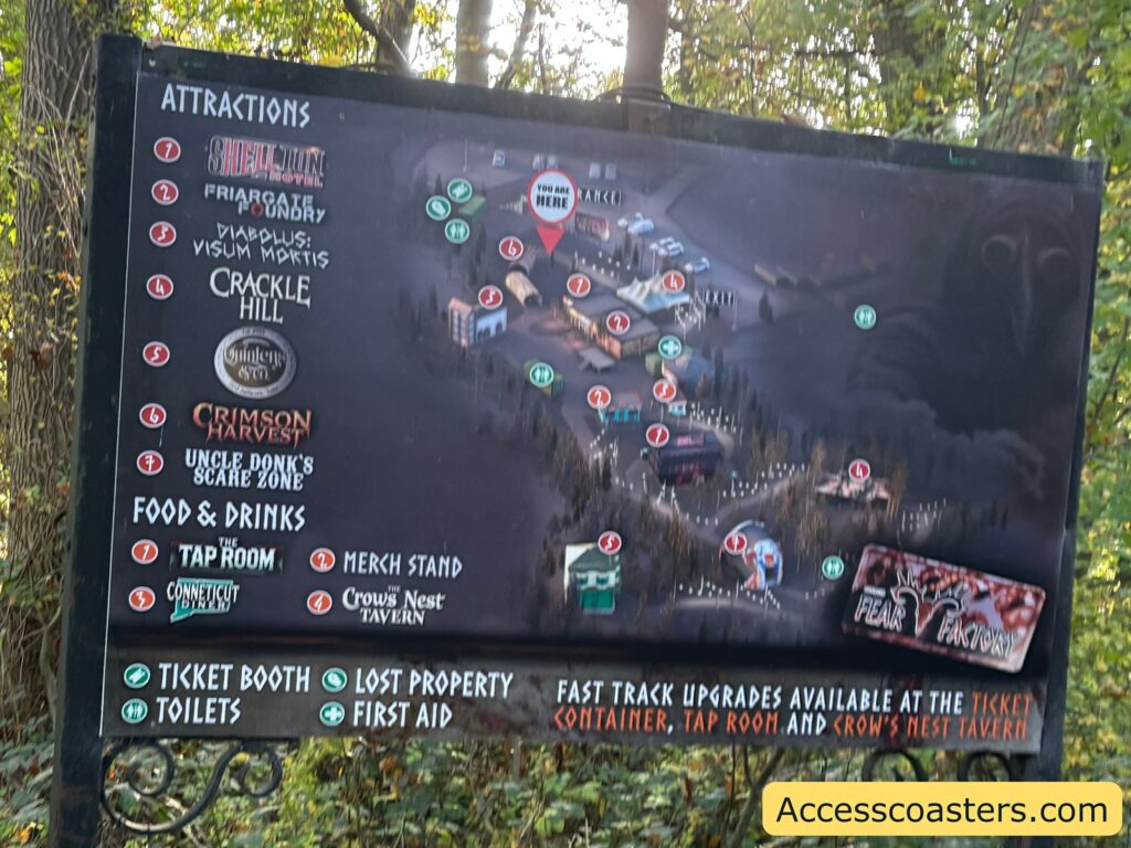 Map board showing the layout of attractions, food stalls, and facilities inside the Fear Factory event.