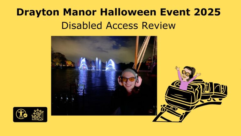 Image of Iona stood infront of lake with water fountines Thext reas Drayton Manor halloween event with a cartoon image of Iona riding the rollercoaster in the corner.