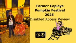 Image of Iona stood next to a charicter with pumpkin on the floor. text that reads farmer coplies 2025 disabed access review. with a cartoon of iona riding a rollercoaster and a visitor attraction symbol