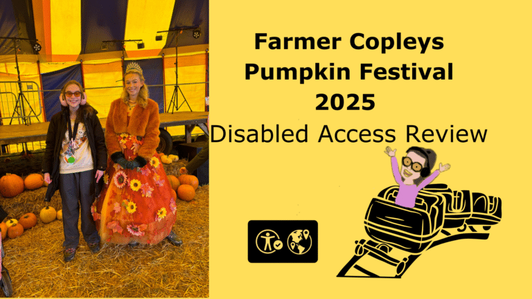Image of Iona stood next to a charicter with pumpkin on the floor. text that reads farmer coplies 2025 disabed access review. with a cartoon of iona riding a rollercoaster and a visitor attraction symbol