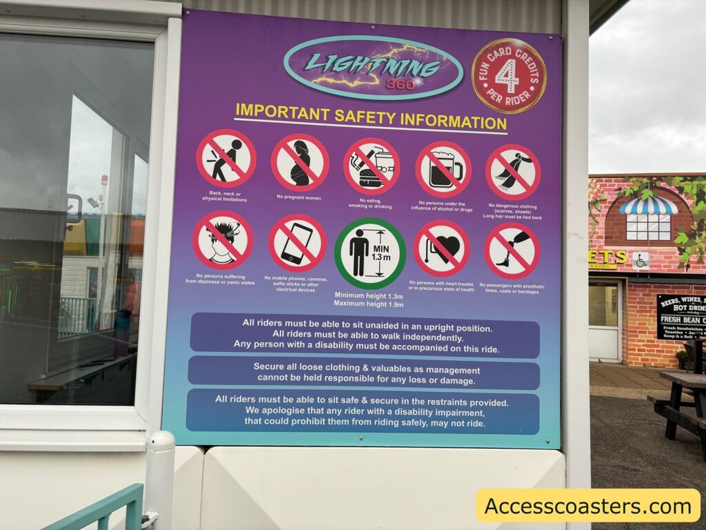 A safety instruction sign for the Lightning 360 ride, displaying rules, warnings, and height requirements.