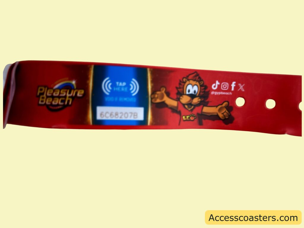 great Yarmouth pleasure beach wristband with a blue square saying tap here red wristband and park mascot