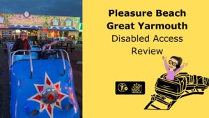 image of iona sat in a rollercoaster photo op with text reading great yarmouth plesure disabled access review