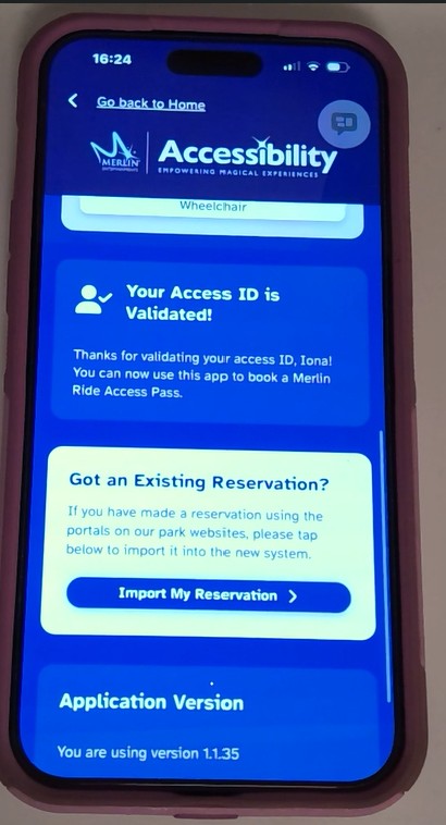 Screenshot from the accessibility app confirming that the user’s access ID has been validated, with a button labeled “Import My Reservation” for adding existing bookings.