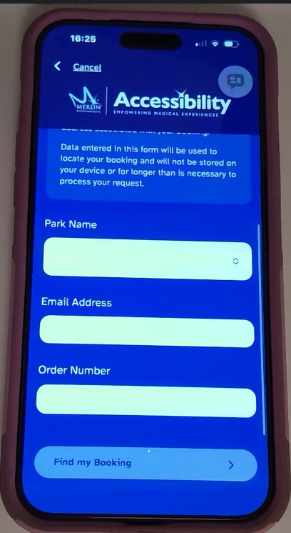 Screenshot of the reservation import screen in the ride access pass app, showing form fields for park name, email address, and order number, with a “Find my Booking” button.