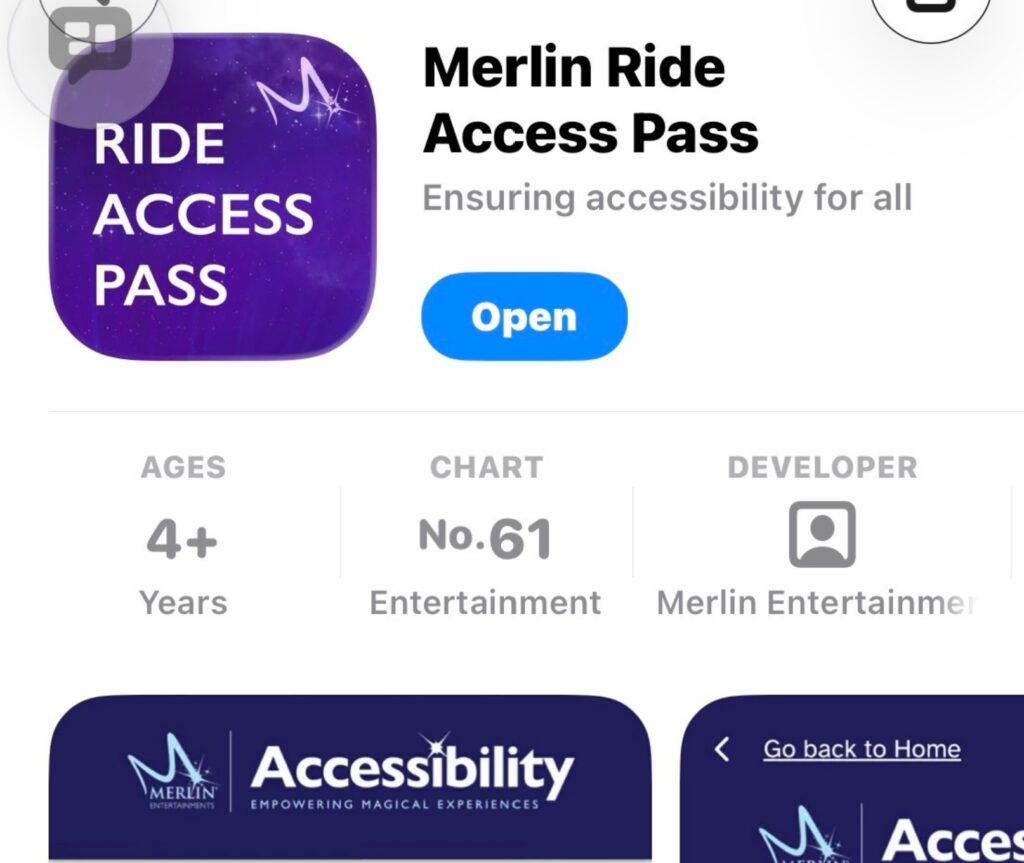screenshot of app store f merlin ride access pass app download. 
