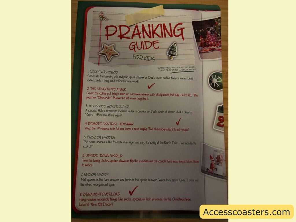 Close-up of a "Pranking Guide" sheet handed to participants, listing various prank instructions  for kids 