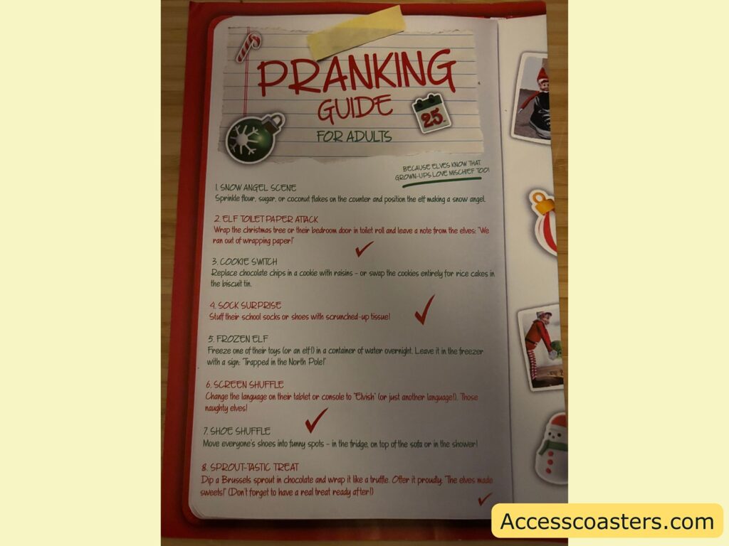 Close-up of a "Pranking Guide" sheet handed to participants, listing various prank instructions  for adults