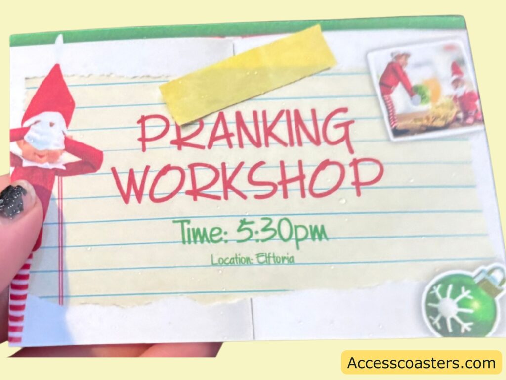 A close-up of a hand holding a ticket for the Pranking Workshop, which shows the workshop time as 5:30pm. The ticket features festive holiday designs.
