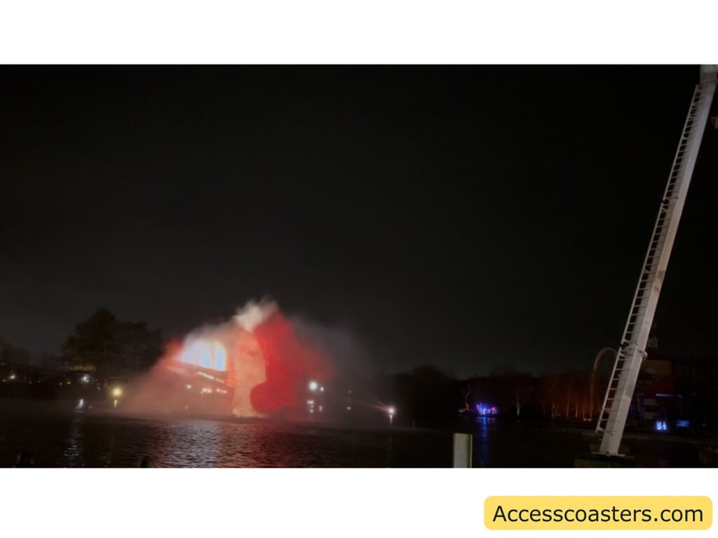 projection of fire place with stockings cast over water at a night show.
