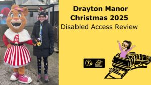 image of iona and lory posing for a photo in christmas outfits with texxt that reads drayton manor christmas 2025 disabled access review with the theme park trip logo and a cartoon of iona riding a rollercoaster