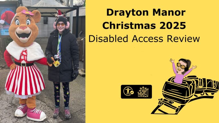 image of iona and lory posing for a photo in christmas outfits with texxt that reads drayton manor christmas 2025 disabled access review with the theme park trip logo and a cartoon of iona riding a rollercoaster
