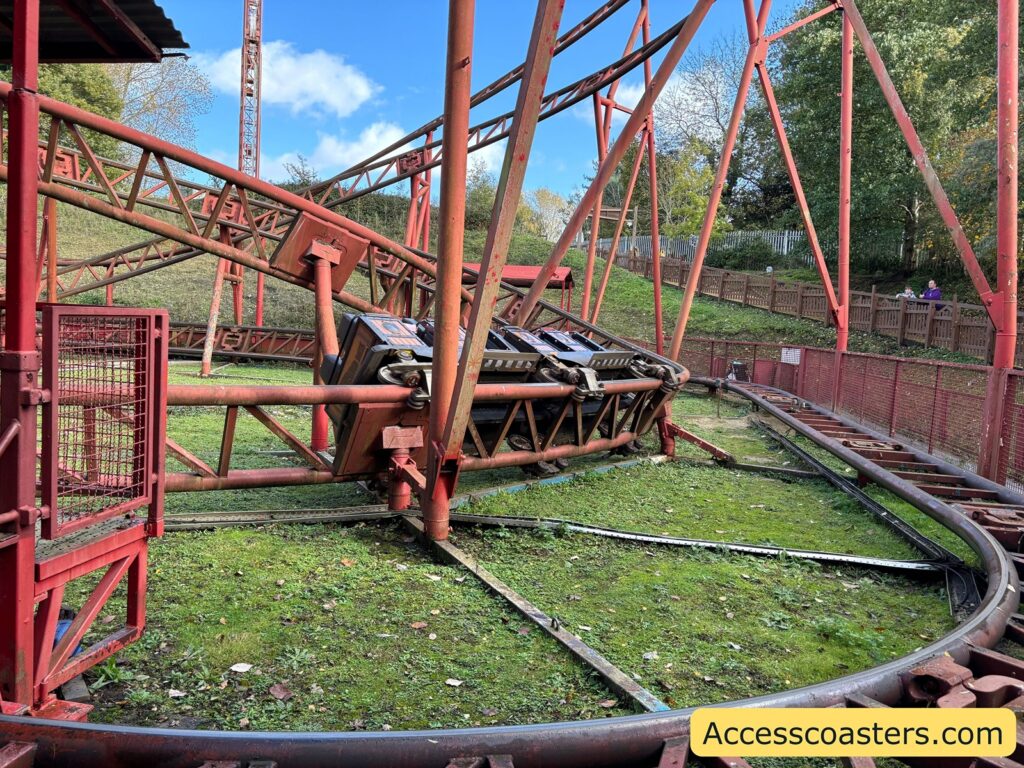 The red track of Cannonball Express twisting and turning through grassy open space.