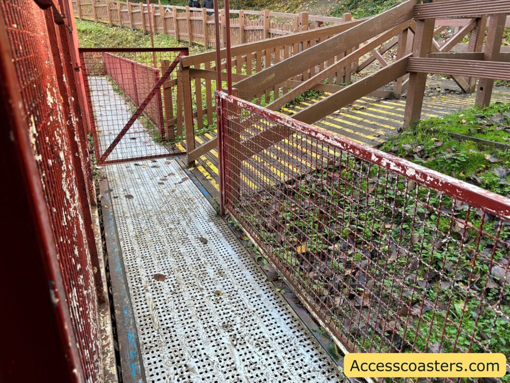 Steep, ramped access walkway to the Cannonball Express ride station.