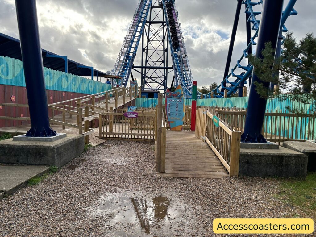 The queuing area and station entrance of the Wipeout roller coaster