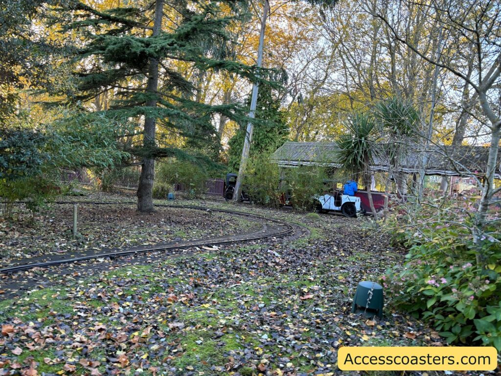 View of the Safari ride track winding through trees and grassy areas, with animal models in the distance.