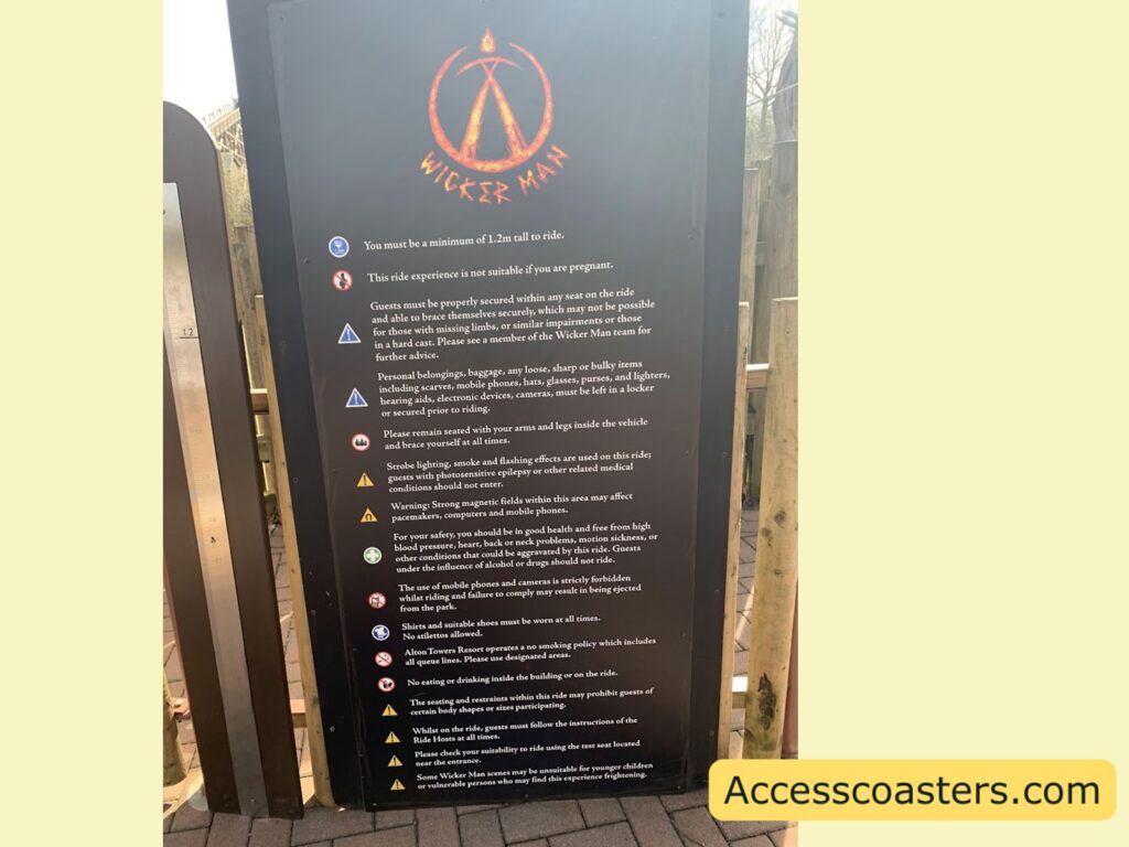 Image of a sign with information and ride restrictions for the Wicker Man ride.