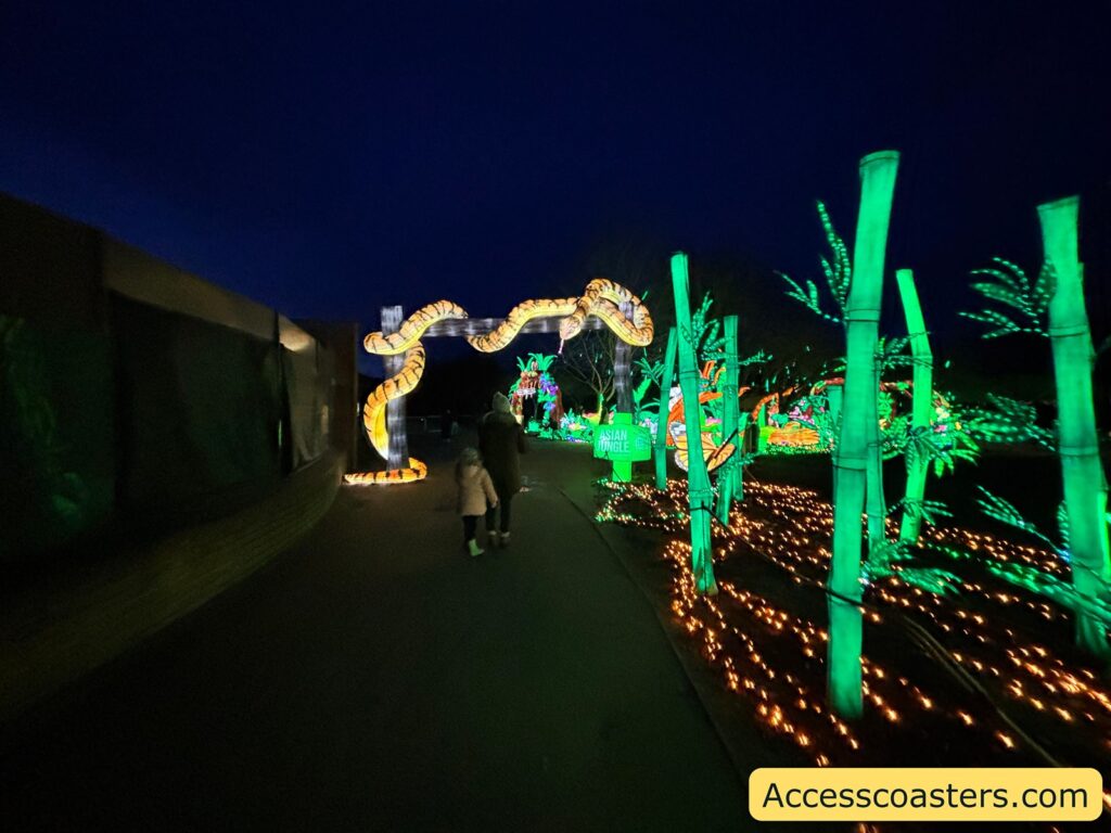 Nighttime photo of an illuminated light-trail walkway with a glowing snake arch ahead and bright green bamboo-like light sculptures lining the path, as visitors walk through the display.

