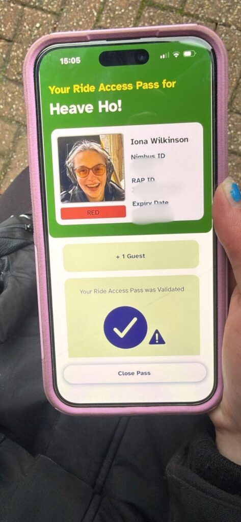 he Ride Access Pass app shows a “Your Ride Access Pass for Heave Ho!” screen with the user’s profile photo and details, plus a large tick button to confirm the ride is finished and a “Close Pass” button.