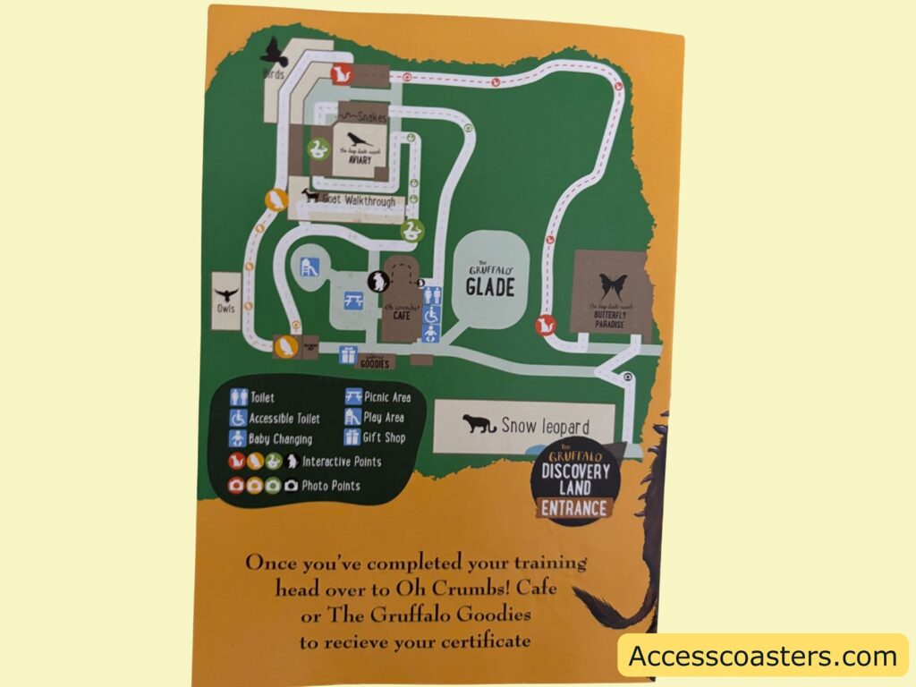 Map graphic of the Gruffalo Discovery Land trail with paths, icons, and a legend.
