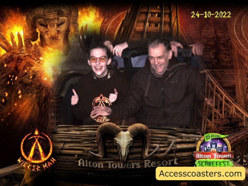 on ride photo for the wicker man of iona and dad smiling on the ride.