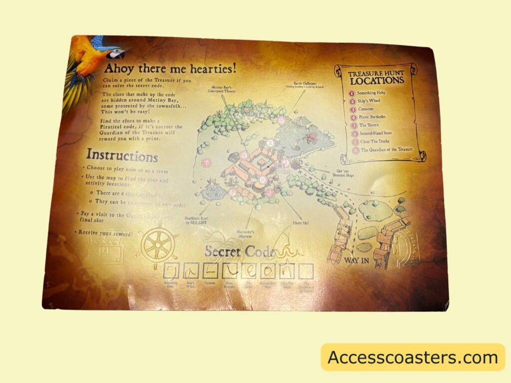 paper with a pirate-themed background. Large text near the top reads “Ahoy there me hearties!” and there is a section labeled “Instructions.” There is a map illustration on the right side and a “Secret Code” area near the bottom