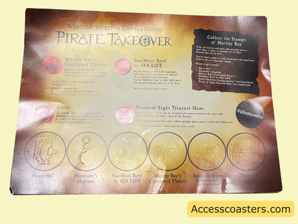 A rectangular paper or card on a surface with the heading “PIRATE TAKEOVER.” There are circular stamp-like spaces across the bottom half.