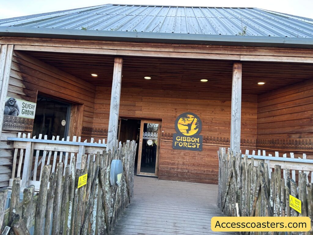 Front of The Gibbon Forest building at Twycross Zoo, showing the wheelchair-accessible ramp leading to the entrance.
