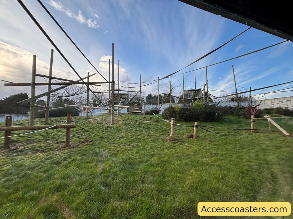 Outdoor chimpanzee habitat with grassy ground and tall wooden poles and platforms connected by overhead ropes.