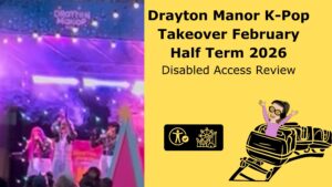 Featured image for a blog post titled “Drayton Manor K-Pop Takeover February Half Term 2026 – Disabled Access Review,” with a purple-lit concert crowd on the left and a cartoon rollercoaster car with an accessibility icon on a yellow background on the right.
